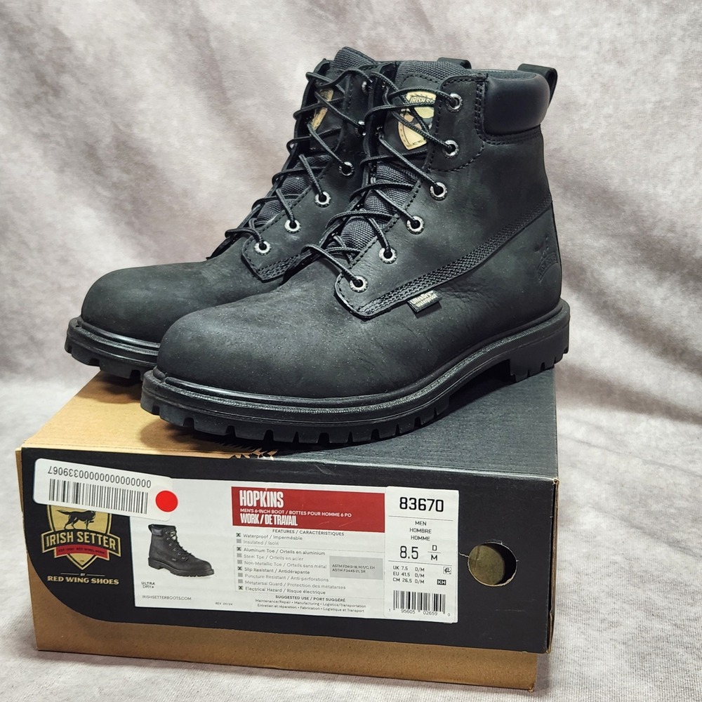 Irish Setter Hopkins Black Aluminum Toe Waterproof Work Boots 83670 Mens 8.5 D